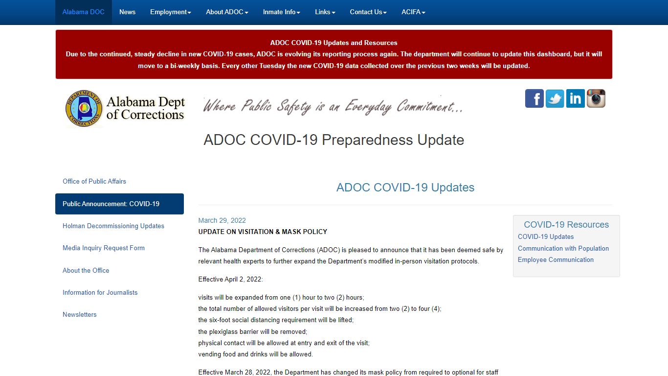 ADOC COVID-19 Preparedness Update - Alabama