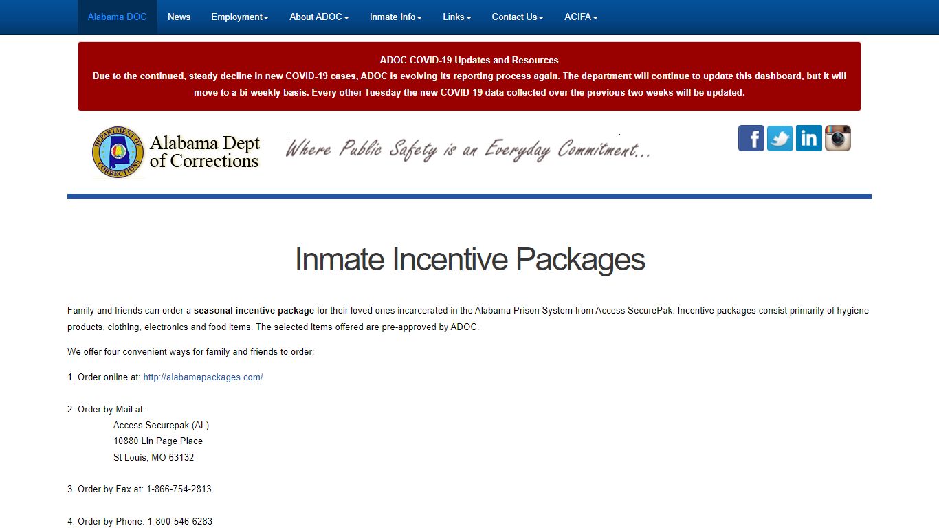 Inmate Incentive Packages - Alabama
